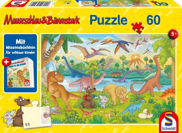 Mauseschlau & Bärenstark Reise in die Urzeit, 60 Teile Kinderpuzzle mit Add-on (Wissensbüchlein)