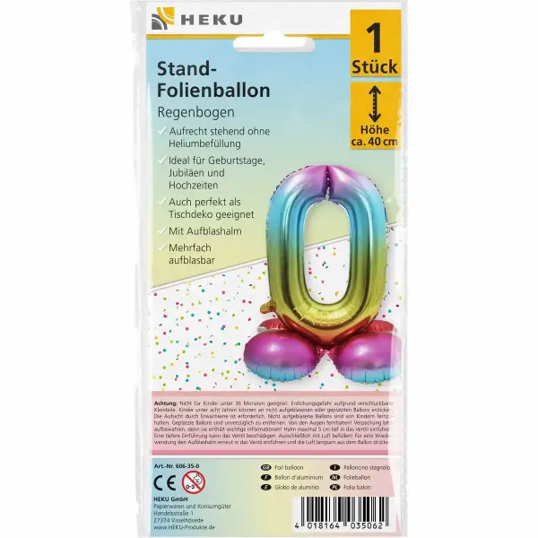 Stand Folienballon Regenbogen Zahl 0 40cm