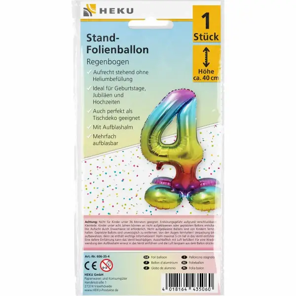 Stand Folienballon Regenbogen Zahl 4 40cm