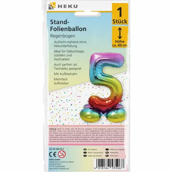 Stand Folienballon Regenbogen Zahl 5 40cm