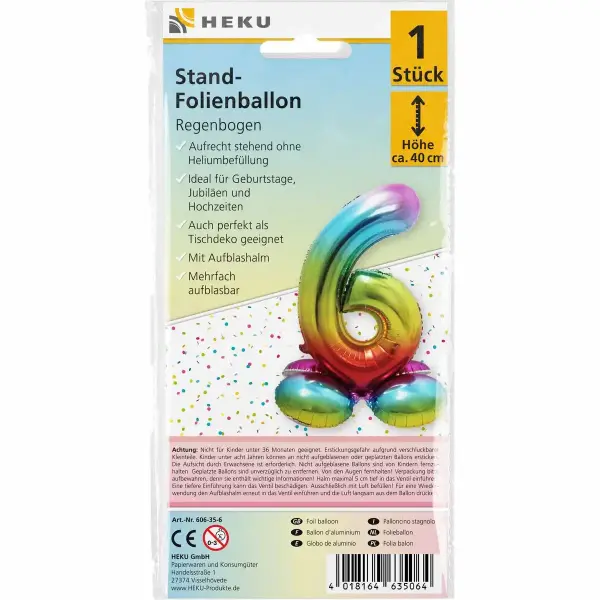 Stand Folienballon Regenbogen Zahl 6 40cm