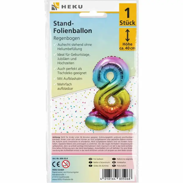 Stand Folienballon Regenbogen Zahl 8 40cm