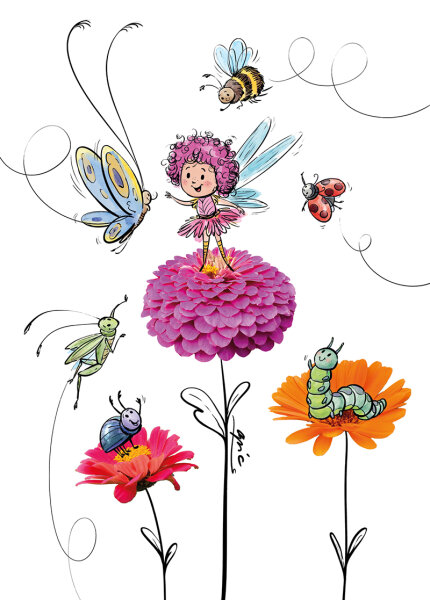 Postkarte Apic Blumenfee Krabbelfreunde